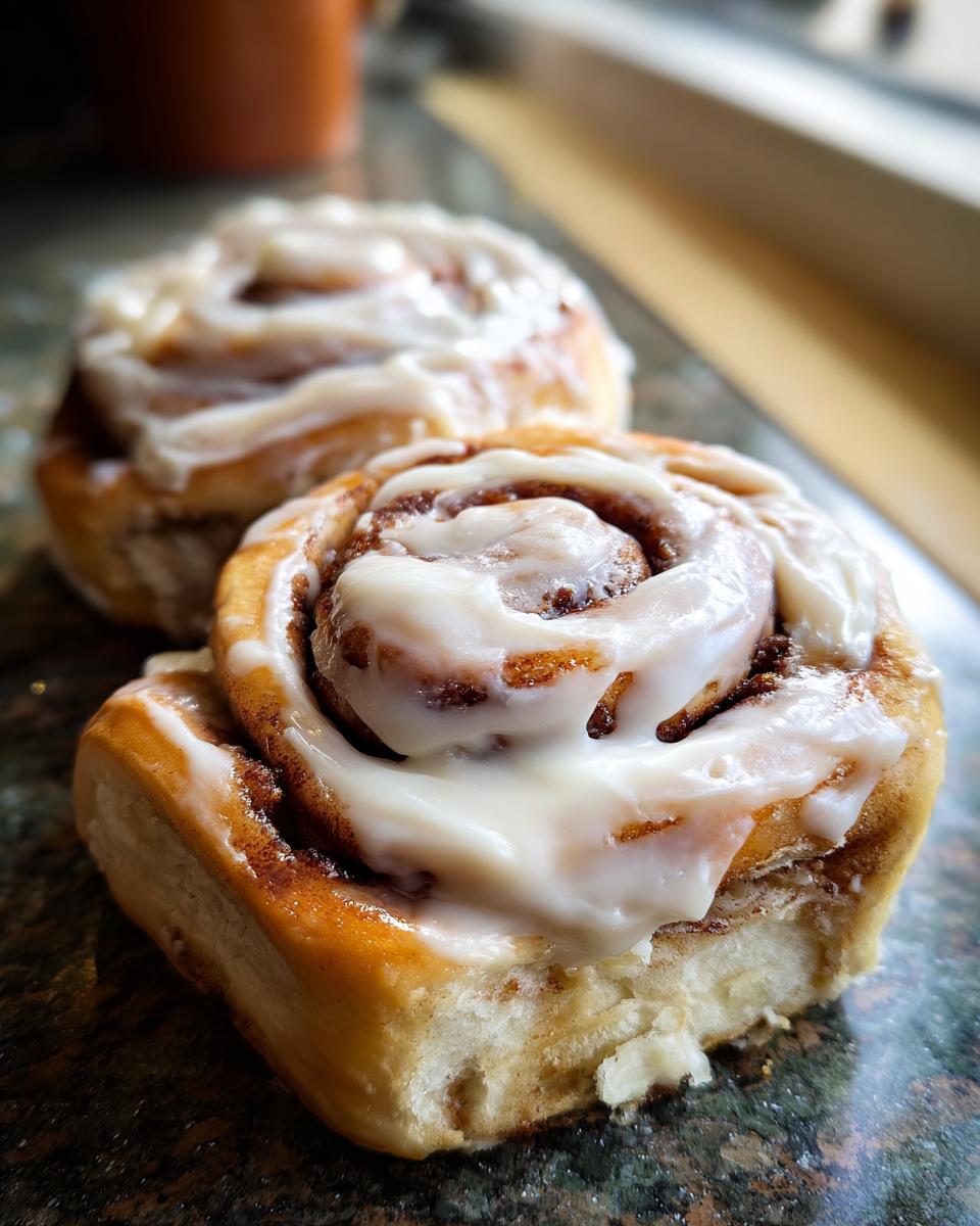 Close-up of two freshly baked cinnamon rolls generously topped with creamy white frosting.