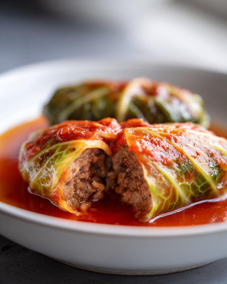 Close-up of classic cabbage rolls, one cut in half, showing the savory meat filling, nestled in a rich tomato sauce.