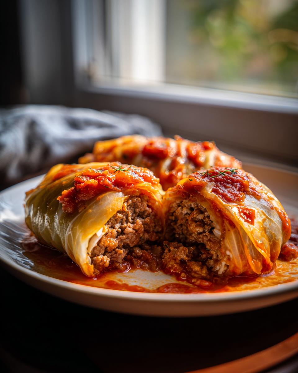 Close-up of classic cabbage rolls, one cut in half, revealing a hearty meat and rice filling, smothered in tomato sauce.