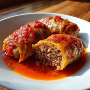Close-up of classic cabbage rolls, one cut open to reveal a hearty meat and rice filling, covered in tomato sauce.