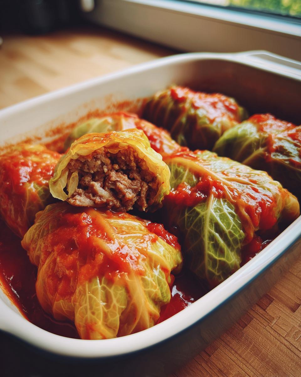 A close-up of classic cabbage rolls in a baking dish, one cut open to reveal the savory meat filling.