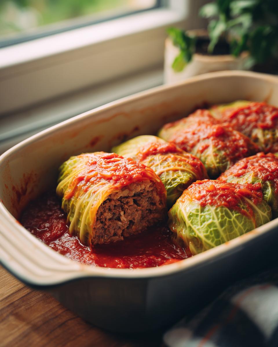 A close-up of classic cabbage rolls in a baking dish, covered in rich tomato sauce.