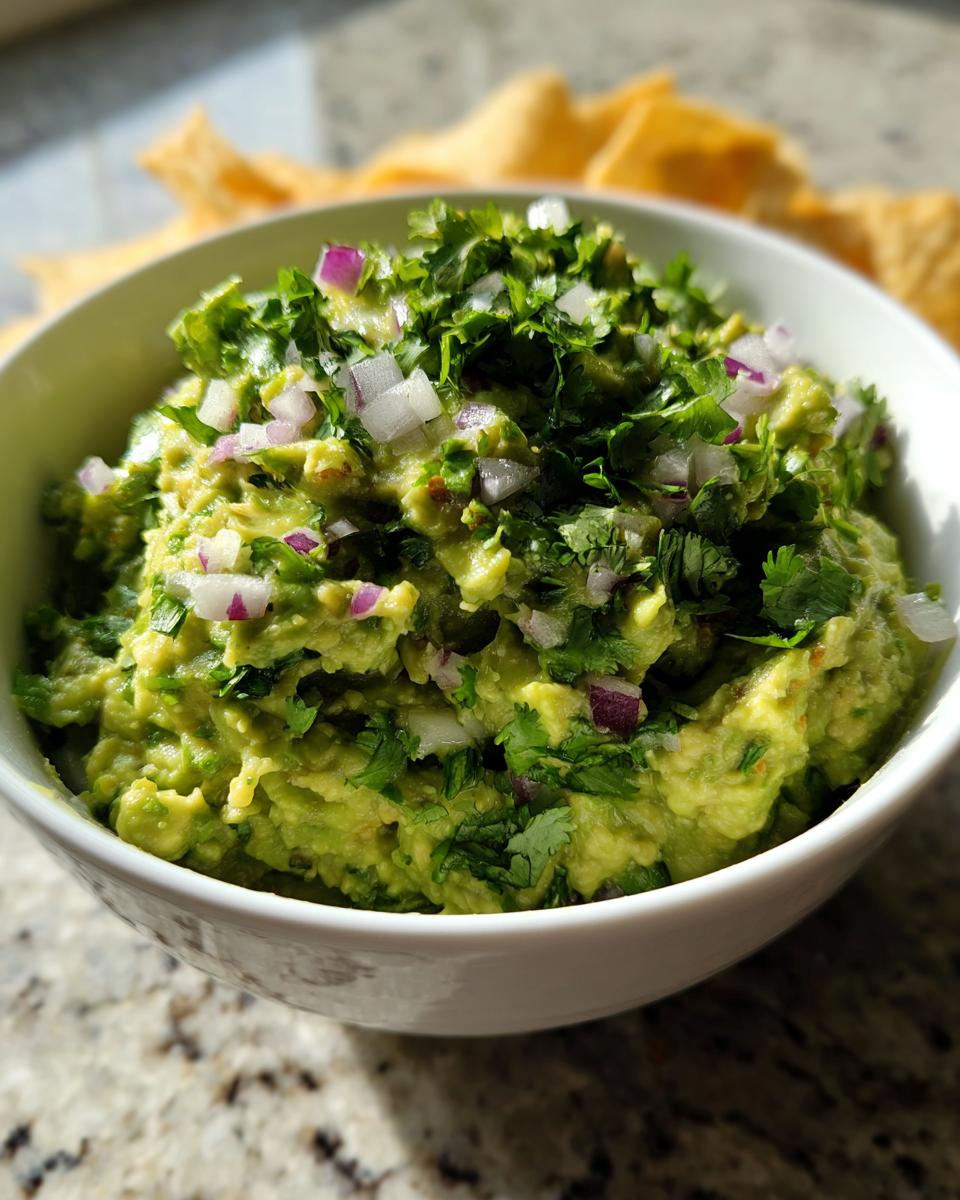 A close-up of a bowl of fresh classic guacamole, topped with chopped cilantro and red onion, with tortilla chips in the background.