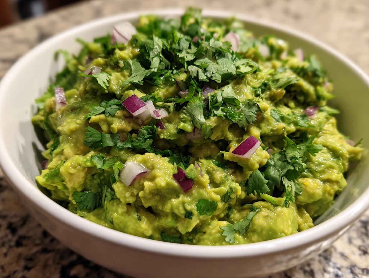 A close-up of a bowl of fresh Classic Guacamole, topped with chopped cilantro and red onion.