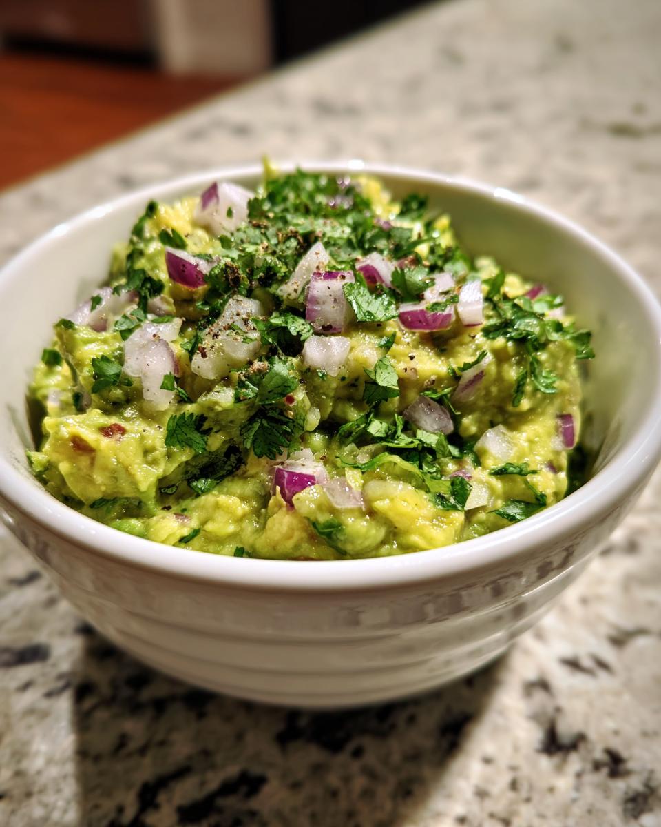 A close-up of a bowl of classic guacamole, topped with chopped red onion, cilantro, and black pepper.