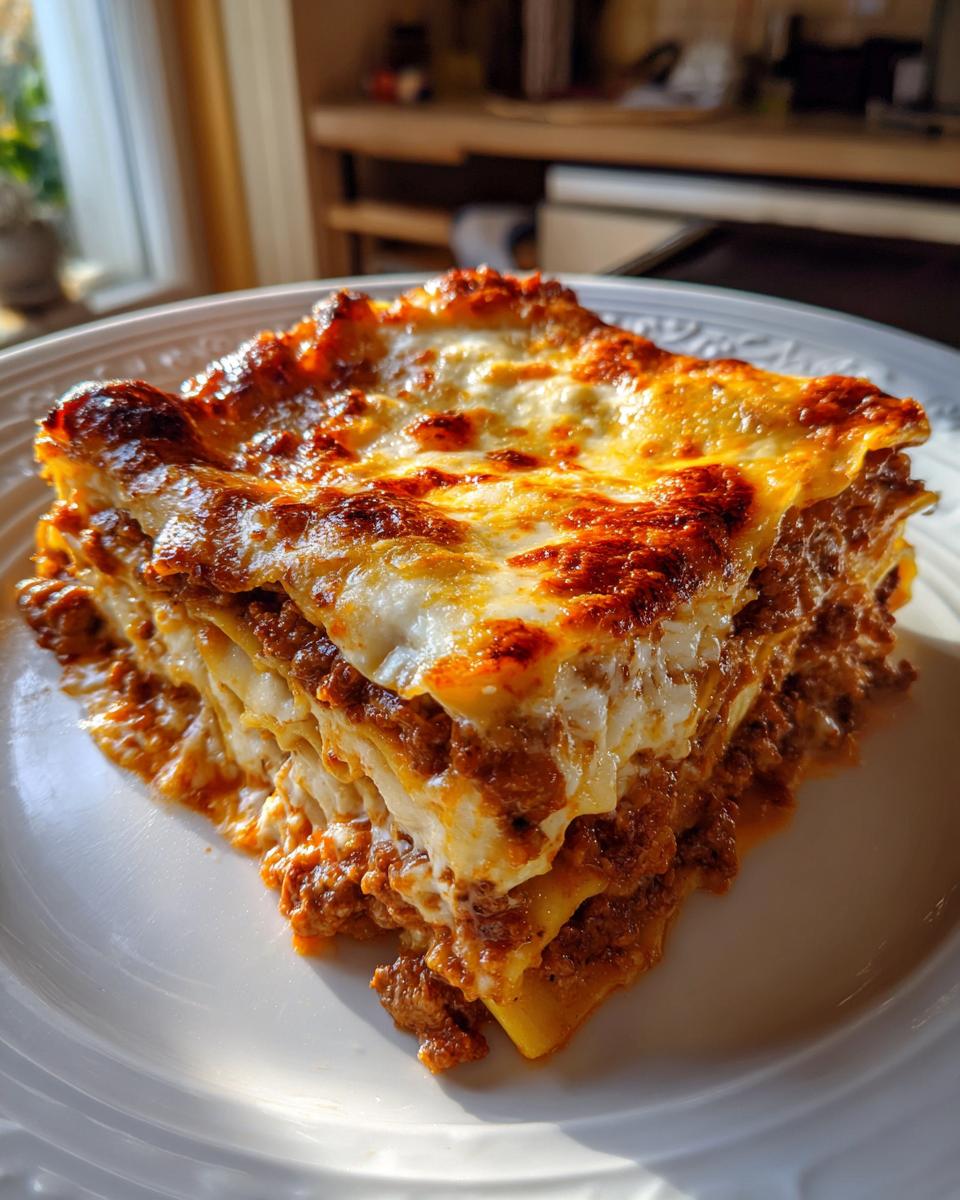 A hearty slice of classic lasagna, featuring layers of pasta, rich meat sauce, and creamy cheese, with a golden brown and bubbly topping.