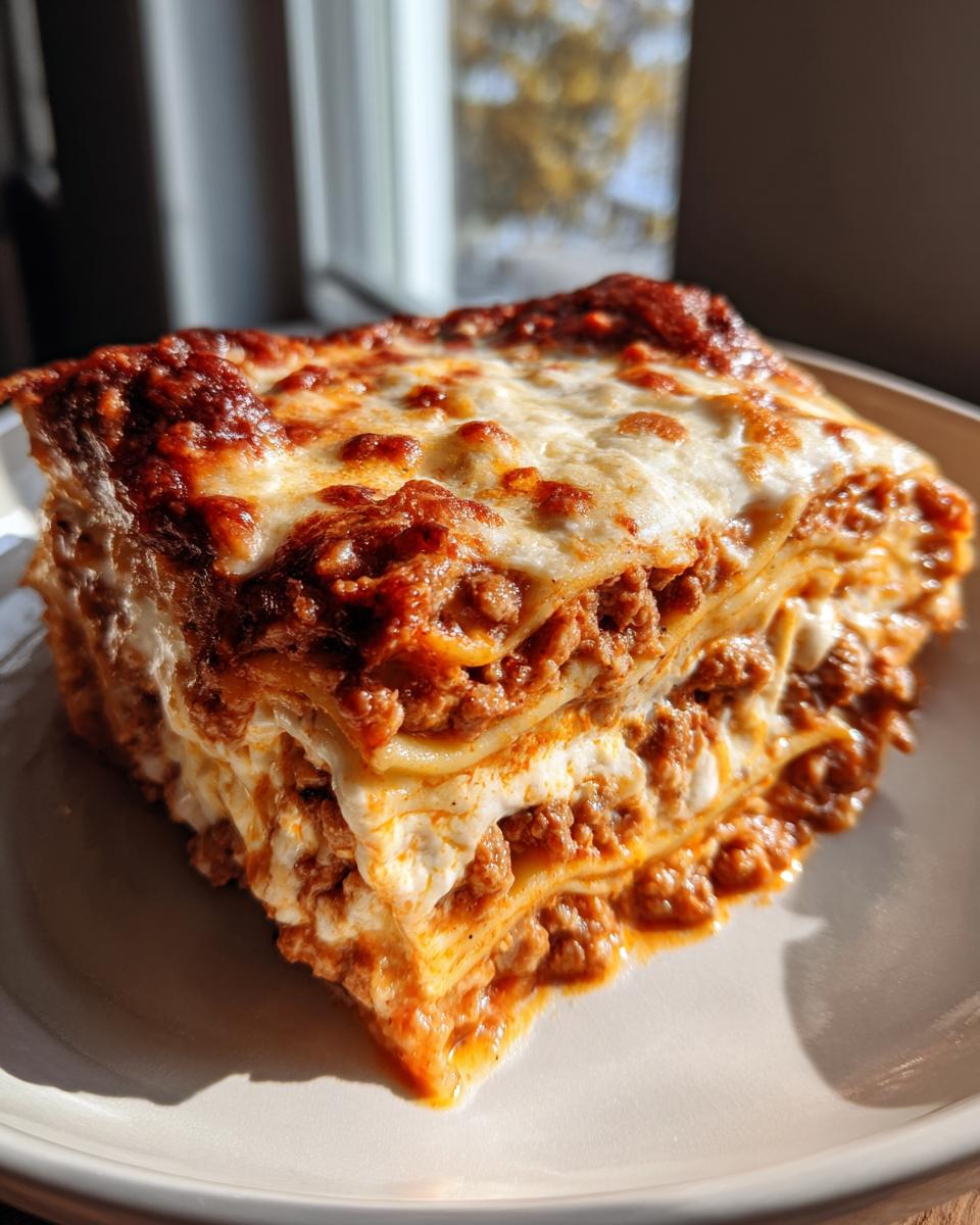 A generous slice of classic lasagna, showcasing layers of pasta, rich meat sauce, and melted mozzarella cheese.