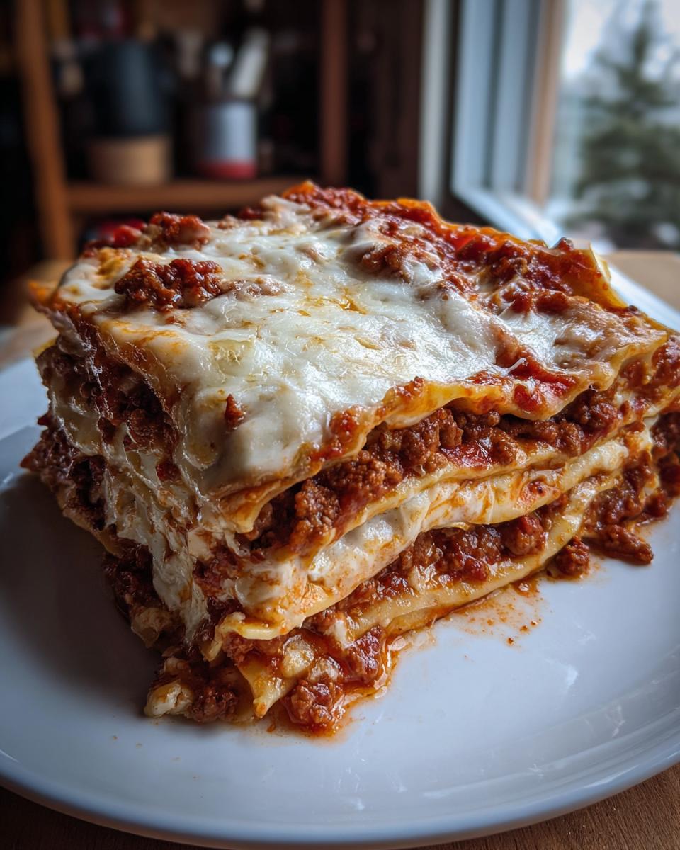A generous slice of classic lasagna, featuring layers of pasta, rich meat sauce, and melted cheese, served on a white plate.