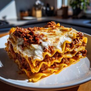 A delicious slice of classic lasagna, featuring layers of pasta, rich meat sauce, and creamy cheese.