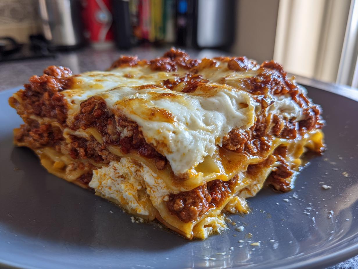 A delicious slice of classic lasagna, featuring layers of pasta, rich meat sauce, and creamy cheese.