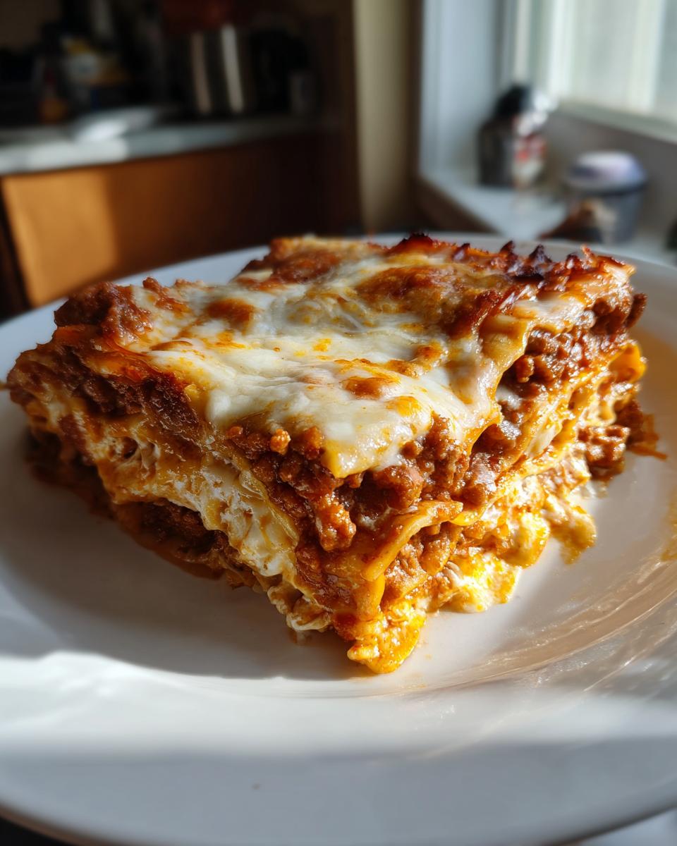 A generous slice of classic lasagna, featuring layers of pasta, rich meat sauce, and melted cheese, served on a white plate.