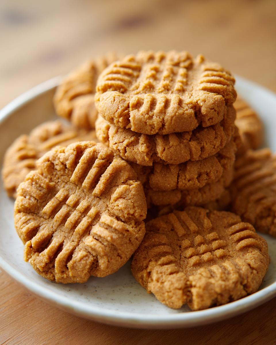 A close-up of a stack of classic peanut butter cookies with the signature fork crosshatch pattern.