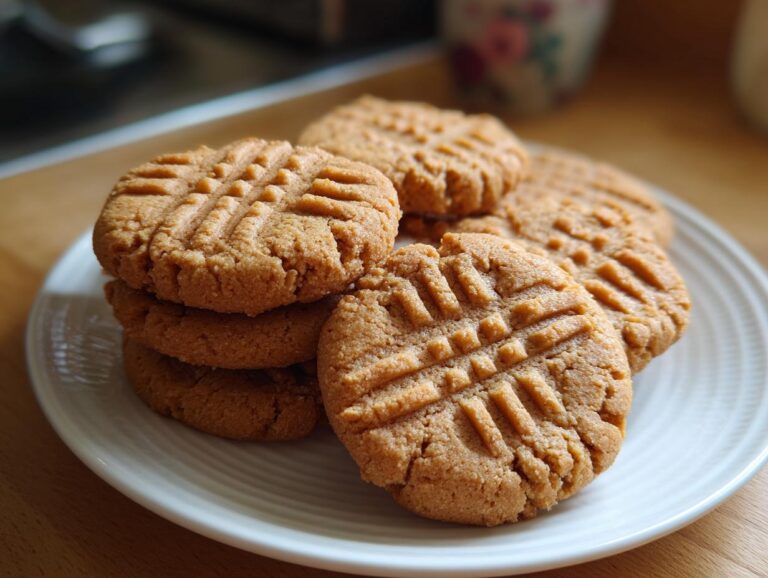 A stack of delicious classic peanut butter cookies with the signature criss-cross pattern.