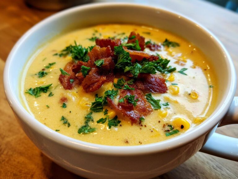 A close-up of a bowl of creamy corn chowder topped with crispy bacon and fresh parsley.