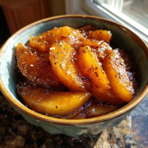 Close-up of warm, glistening fried apples seasoned with spices in a rustic bowl.