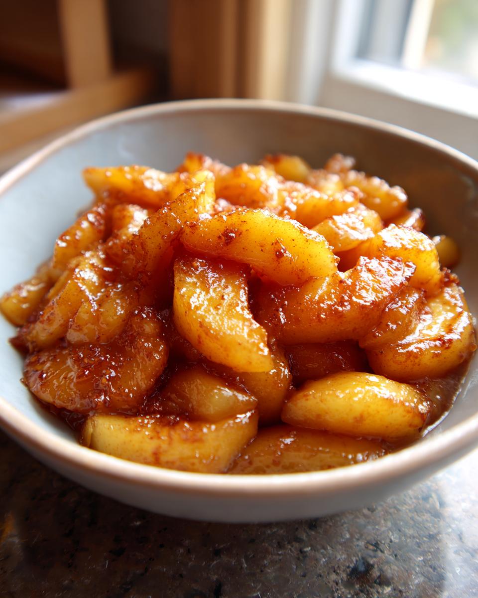 Close-up of warm, glistening fried apples coated in cinnamon sugar in a light blue bowl.