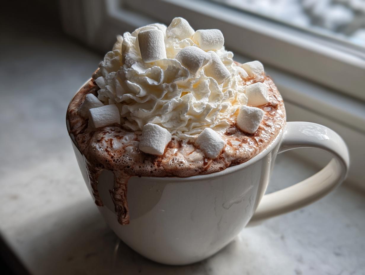 A steaming mug of hot chocolate topped with whipped cream and mini marshmallows, perfect for a cozy day.