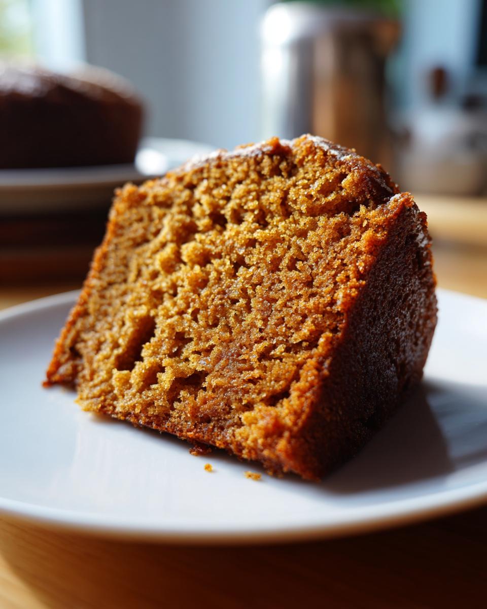 A close-up of a moist slice of spice cake on a white plate, showcasing its rich texture and warm color.