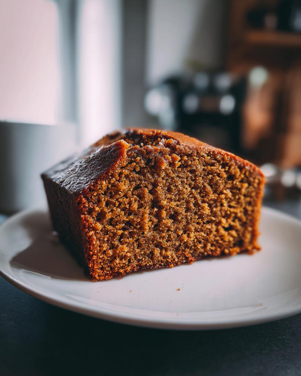 A close-up of a moist slice of spice cake on a white plate, perfect for fall.