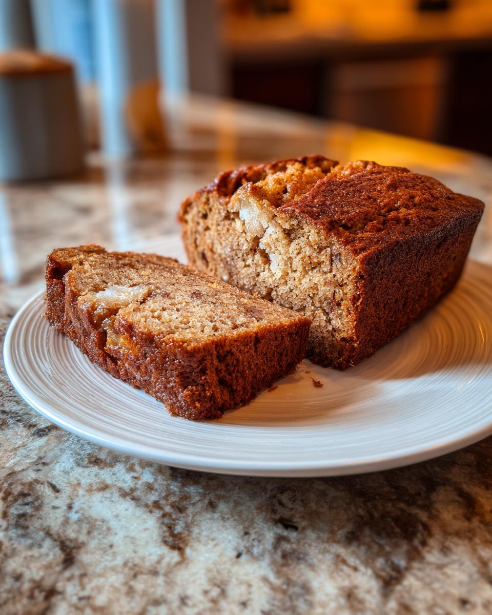 A loaf of cozy spice cake, with two slices cut and placed on a white plate.
