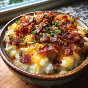 A close-up of crack chicken served in a bowl, topped with melted cheddar cheese, crispy bacon, and chives.