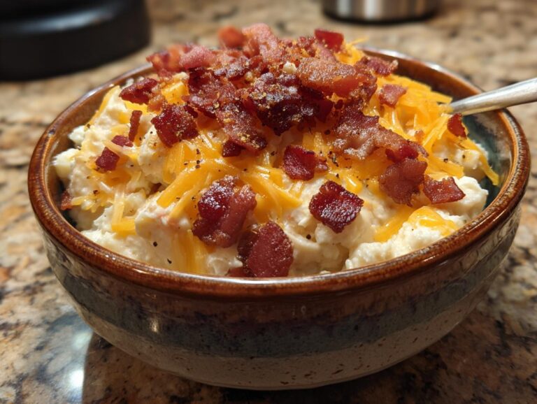 A bowl of creamy crack chicken topped with shredded cheddar cheese and crispy bacon pieces.
