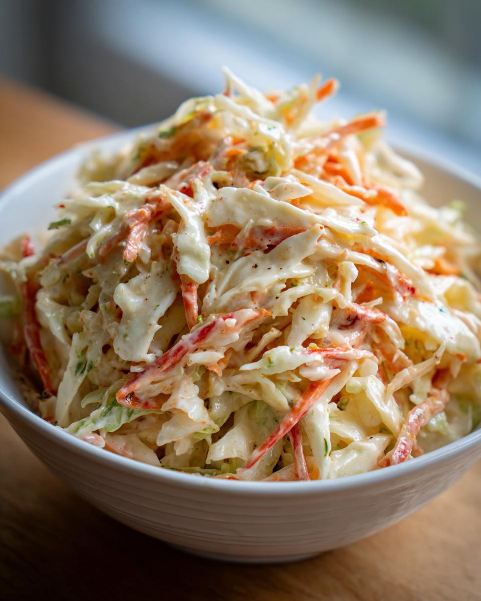 A close-up of a bowl of creamy coleslaw, featuring shredded cabbage and carrots coated in a rich dressing.