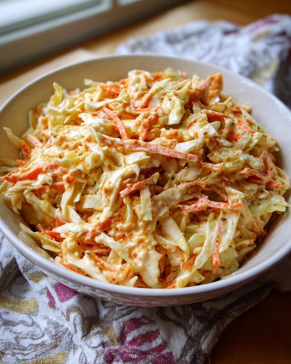A close-up of a bowl filled with creamy coleslaw, featuring shredded cabbage and carrots in a rich dressing.