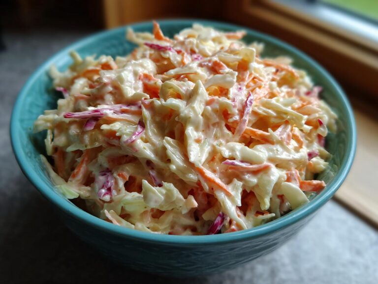 A close-up of a bowl of creamy coleslaw, featuring shredded cabbage, carrots, and a creamy dressing.