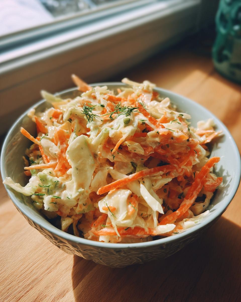 A close-up of a bowl filled with creamy coleslaw, featuring shredded cabbage and carrots, garnished with dill.
