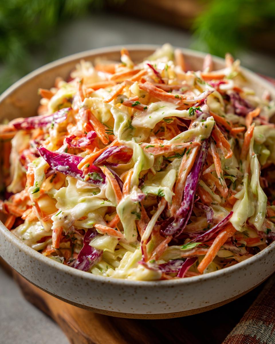 A close-up of creamy coleslaw with shredded cabbage, carrots, and red cabbage, tossed in a creamy dressing.
