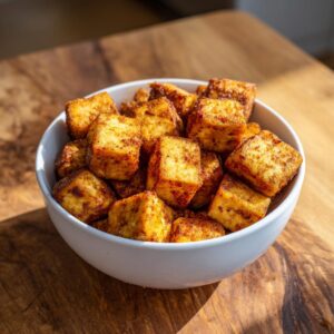 A white bowl filled with golden brown, crispy baked tofu cubes seasoned with spices.