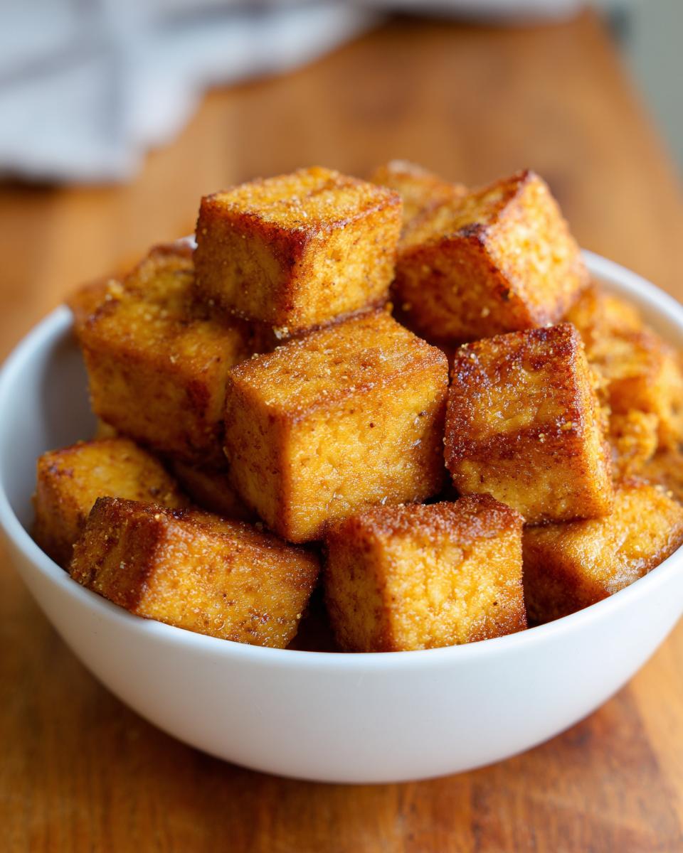 A white bowl filled with golden brown, crispy baked tofu cubes, seasoned and ready to eat.