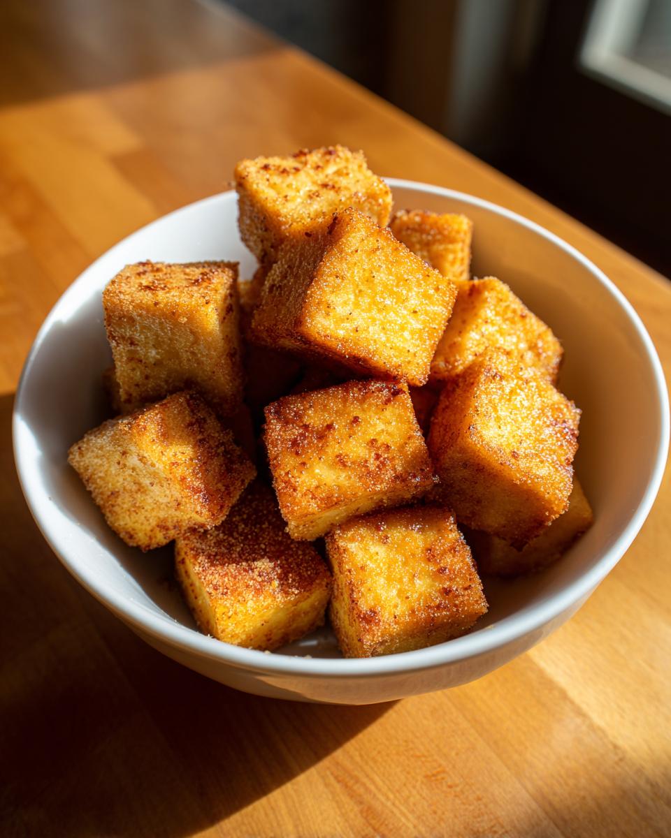 A white bowl filled with golden brown, crispy baked tofu cubes, seasoned with spices.