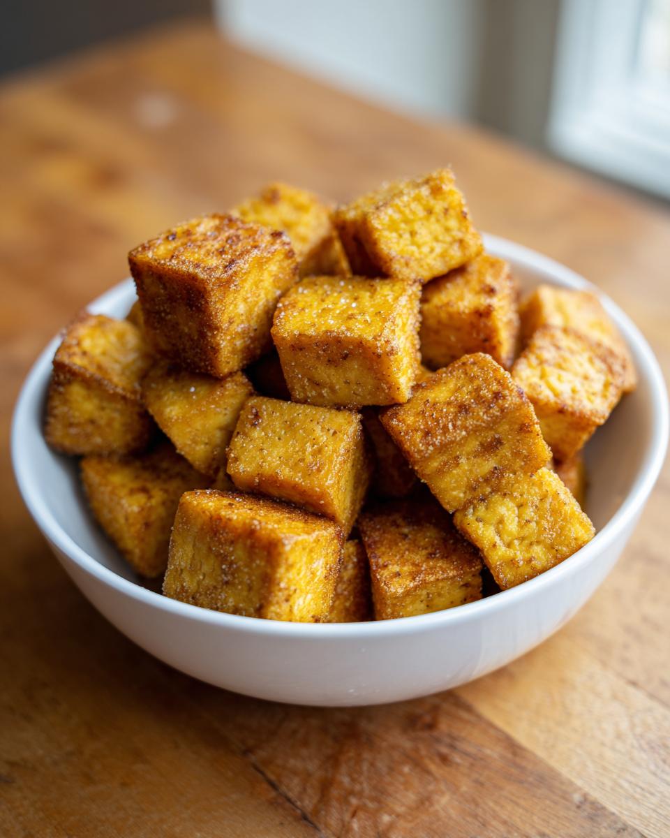 A white bowl filled with golden brown, crispy baked tofu cubes, seasoned and ready to eat.