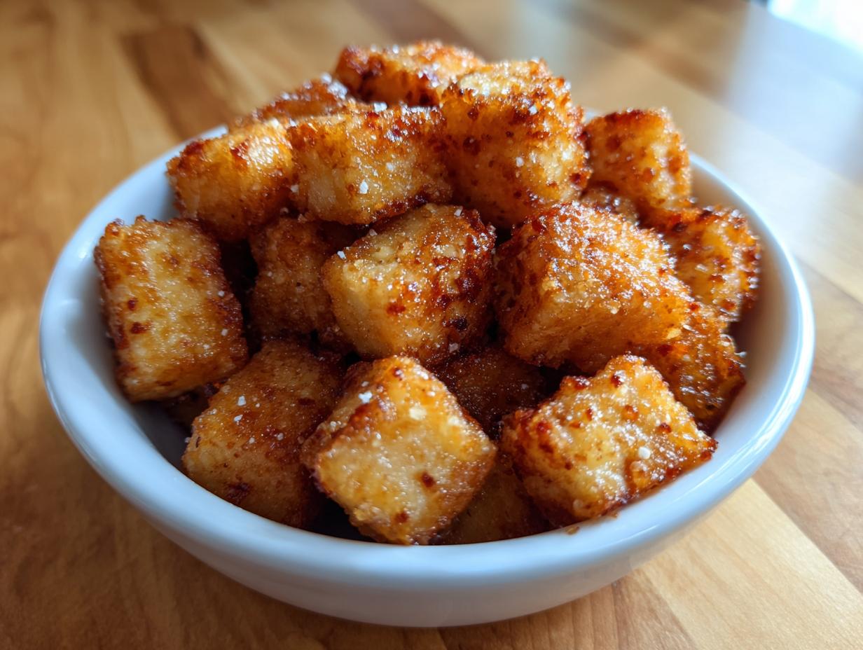 A close-up shot of golden brown, crispy baked tofu cubes sprinkled with salt in a white bowl.