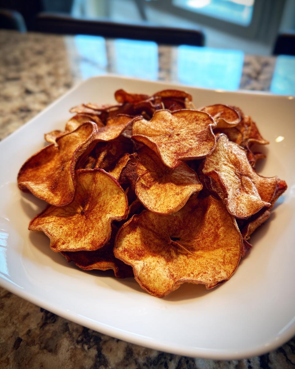 A white bowl filled with golden brown, crispy cinnamon apple chips.