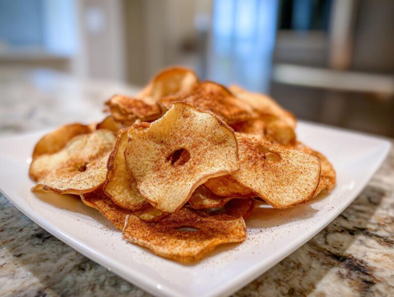 A pile of crispy cinnamon apple chips seasoned with cinnamon and sugar, served on a white rectangular plate.