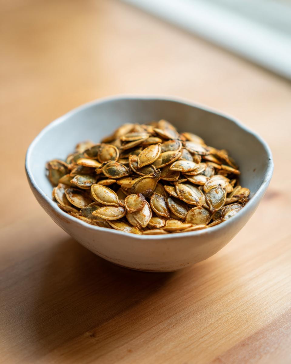 A close-up of a bowl filled with perfectly roasted pumpkin seeds, seasoned and ready to eat.