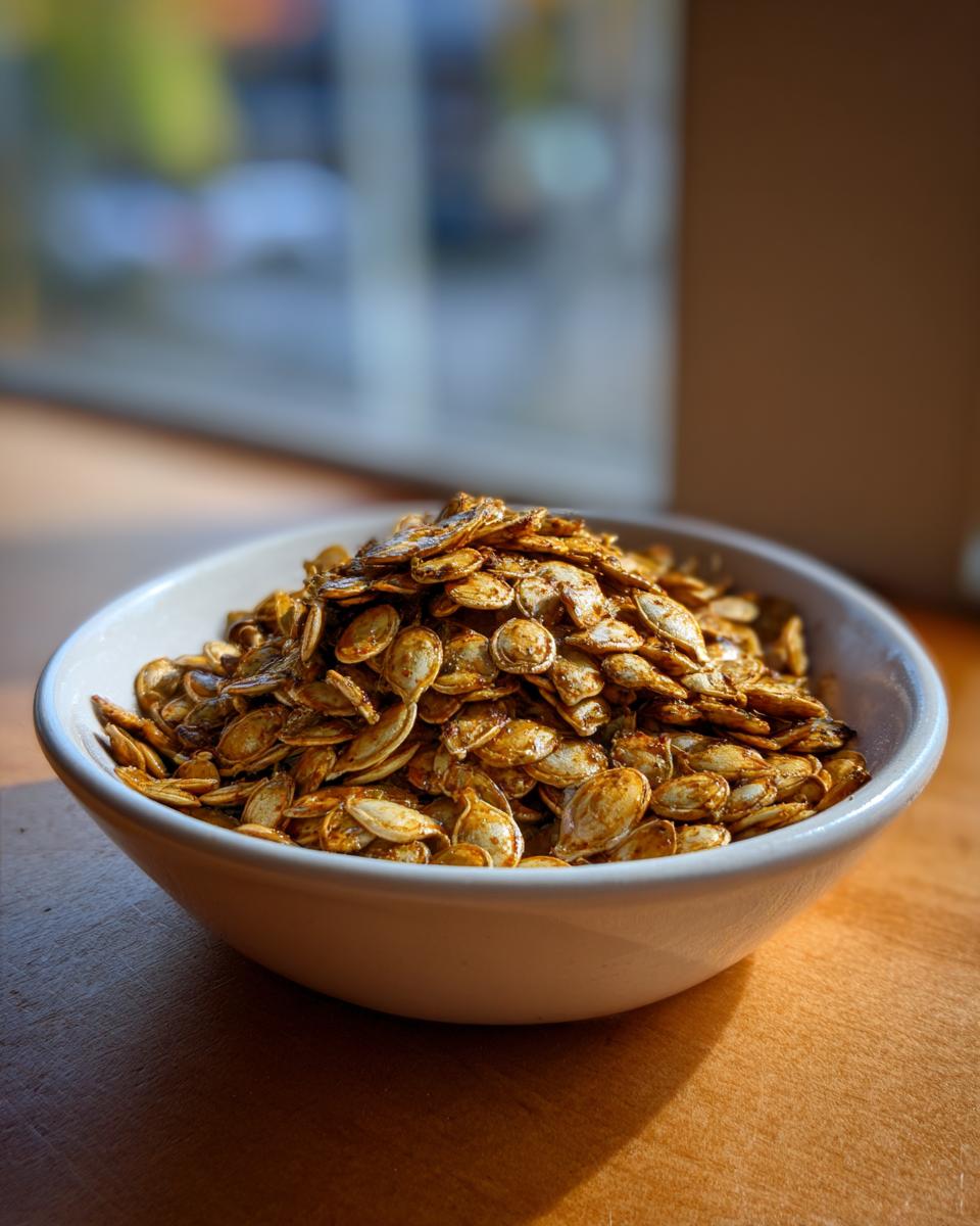 A white bowl filled with golden brown, crispy roasted pumpkin seeds, seasoned with spices.