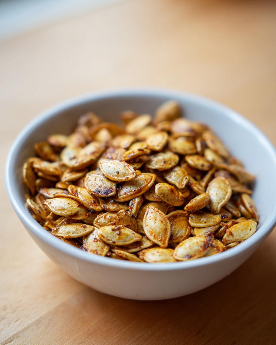 A close-up of a white bowl filled with perfectly roasted pumpkin seeds, seasoned with spices.