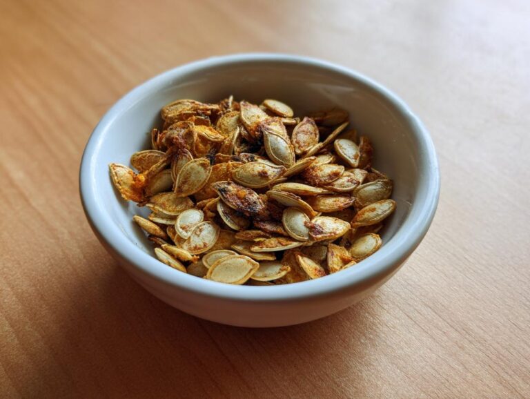 A white bowl filled with perfectly roasted pumpkin seeds, seasoned and golden brown.