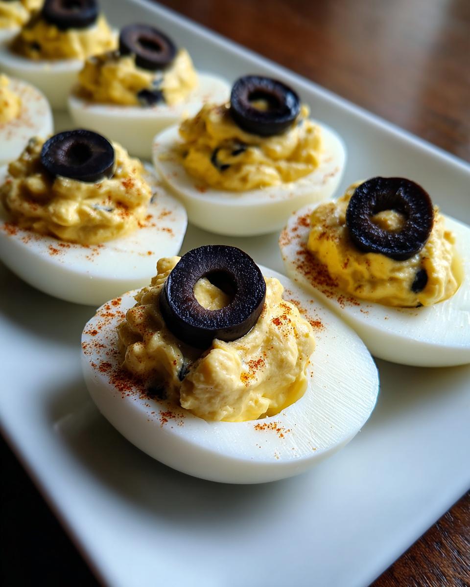 Close-up of spooky deviled egg eyeballs topped with black olive slices and paprika.