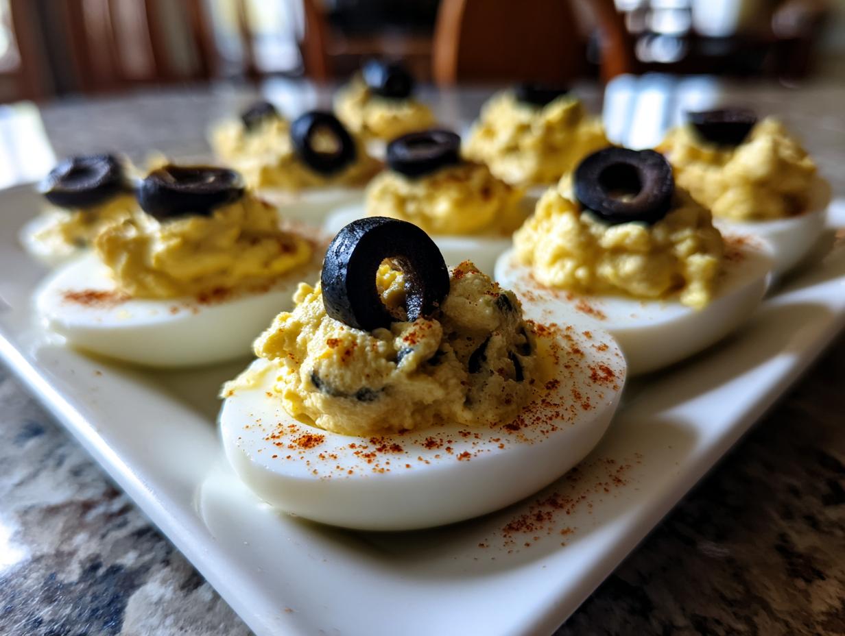 Close-up of deviled egg eyeballs with black olive slices and paprika.