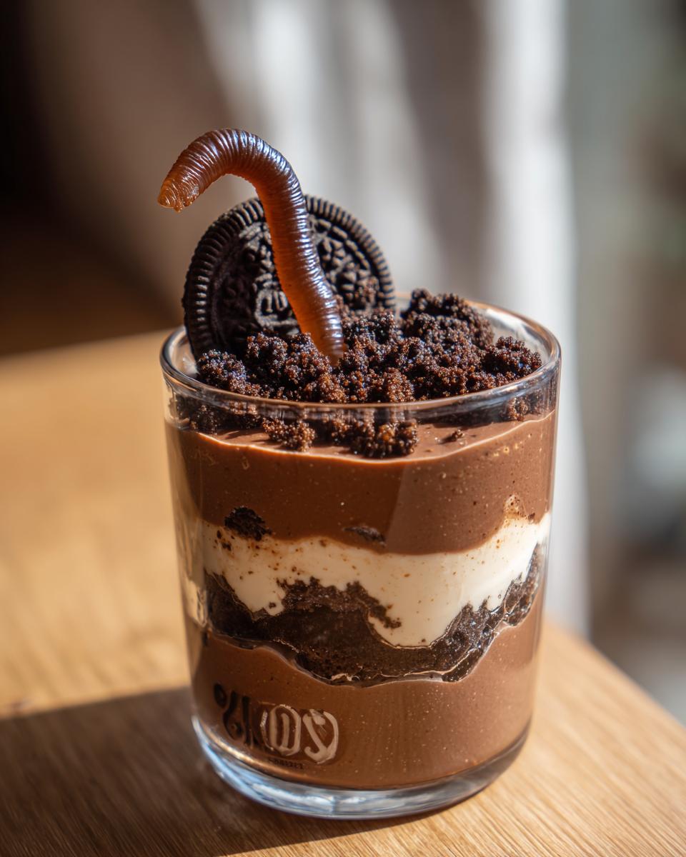 Close-up of a spooky dirt pudding cup with layers of chocolate pudding, crushed Oreos, and cream, topped with a gummy worm and Oreo cookie.