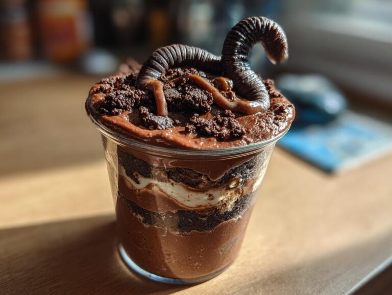 Close-up of a Halloween dirt pudding cup topped with crushed cookies and a gummy worm.