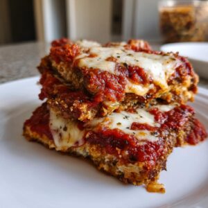 Close-up of a stacked slice of Eggplant Parmesan Casserole, topped with melted mozzarella and marinara sauce.
