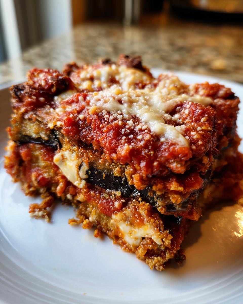 A close-up shot of a slice of rich Eggplant Parmesan Casserole with melted cheese and tomato sauce.