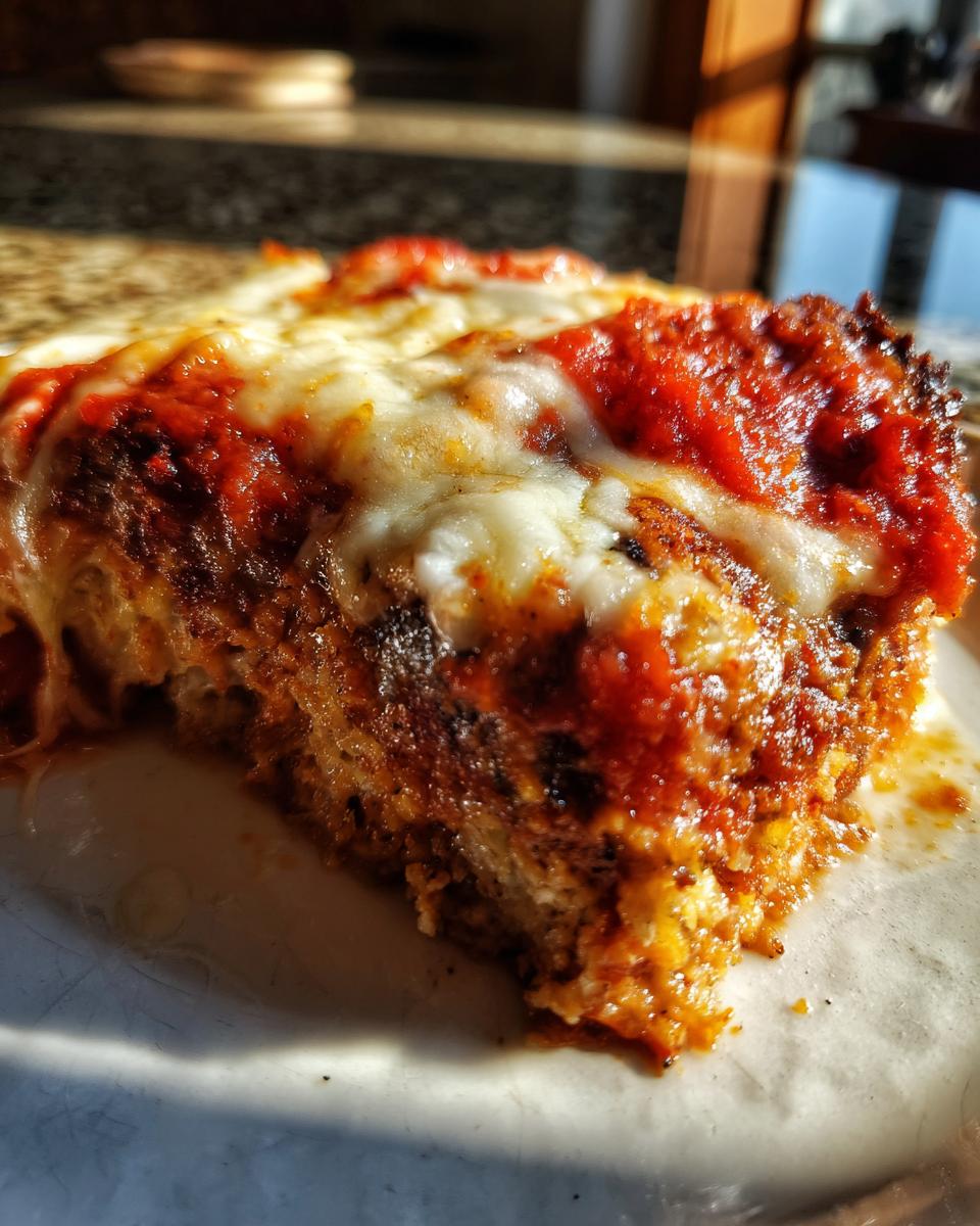 A close-up of a slice of Eggplant Parmesan Casserole, showing melted cheese and rich tomato sauce.
