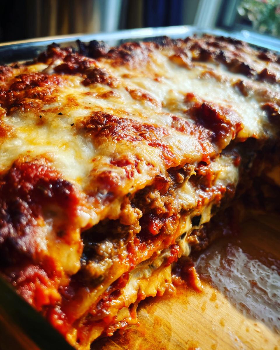 Close-up of a slice of bubbling Eggplant Parmesan Casserole with melted cheese and rich tomato sauce.